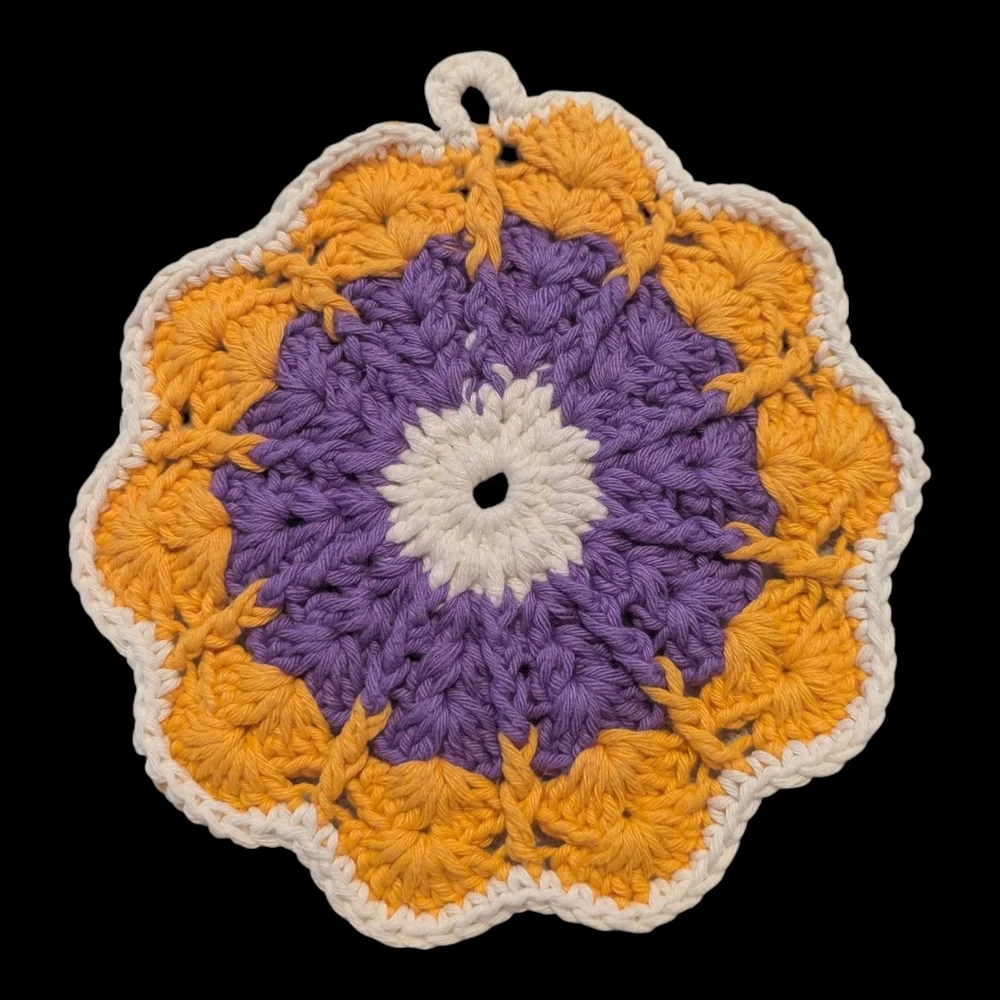 Vintage Granny Core 2 Purple Yellow White Crocheted Flower Potholders